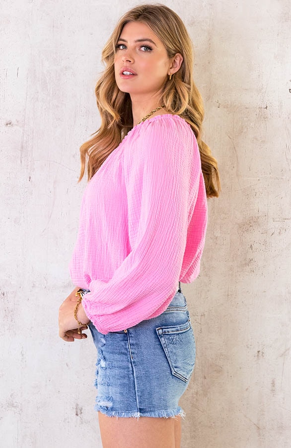 One Shoulder Mousseline Oversized Top Roze – shoparchief, foto 3