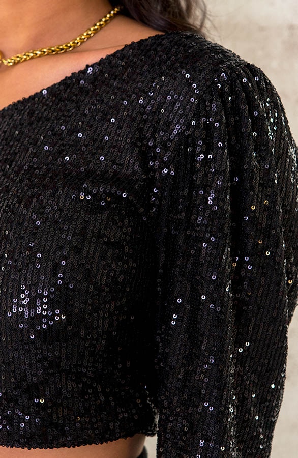 One Shoulder Pailletten Crop Top Zwart – shoparchief, foto 5