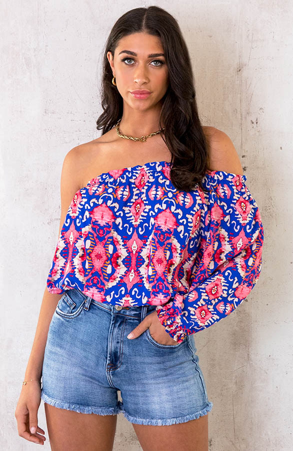 One Shoulder Top Print Kobalt Fuchsia – shoparchief, foto 3