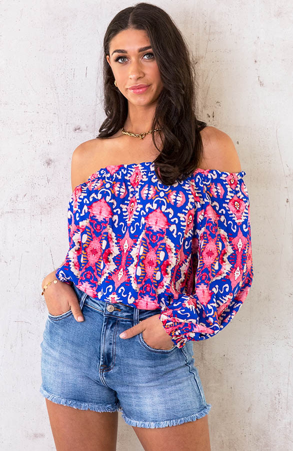 One Shoulder Top Print Kobalt Fuchsia – shoparchief, foto 4