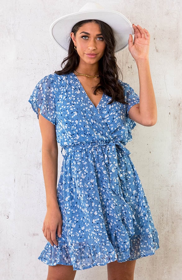 Overslag Jurk Leaves Jeansblauw – shoparchief