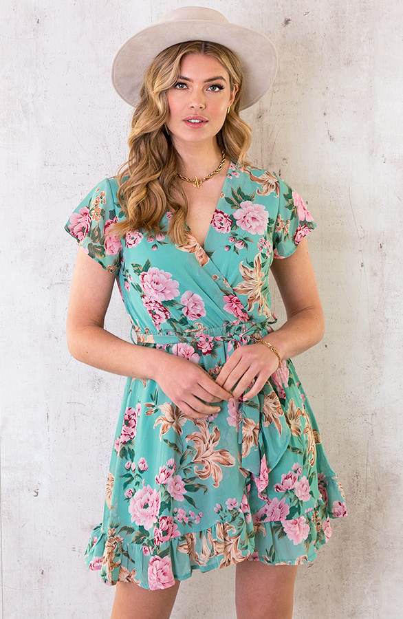 Overslag Jurk Roze Bloemen Mint – shoparchief