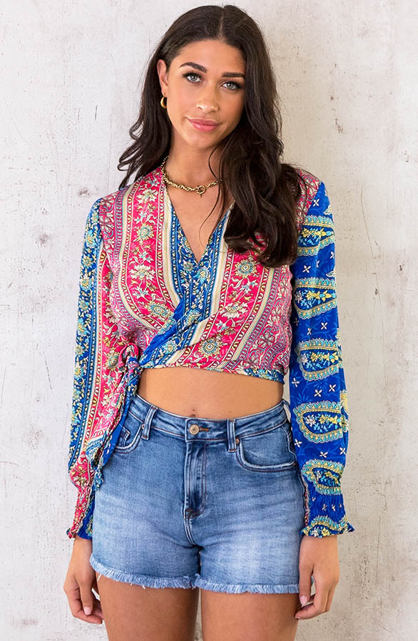 Paisley Overslag Cropped Blouse Fuchsia Kobalt – shoparchief, foto 2