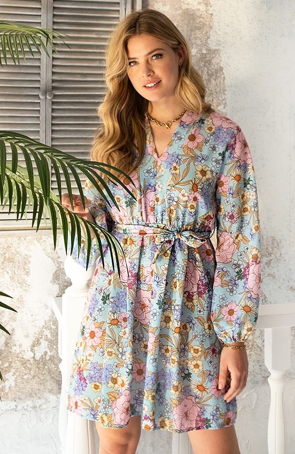 Plooien Bloemen Jurk Lichtblauw – shoparchief