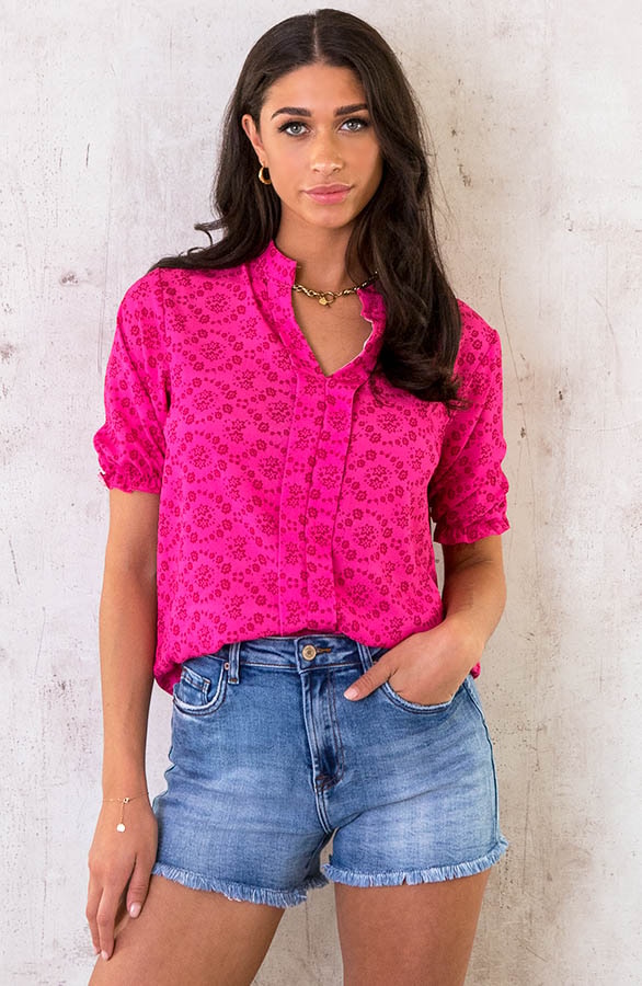 Blouse V-hals Print Fuchsia – shoparchief