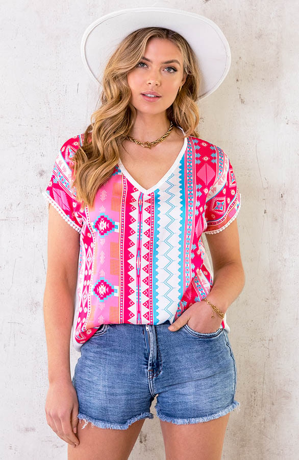 Silk Top Aztec Print Roze – shoparchief