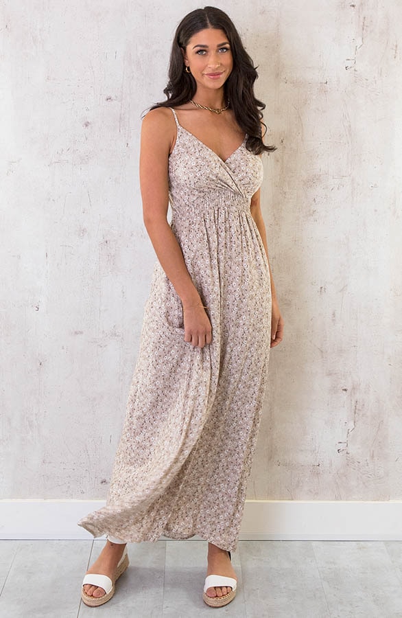 Spaghetti Maxi Jurk Bloem Beige – shoparchief, foto 2
