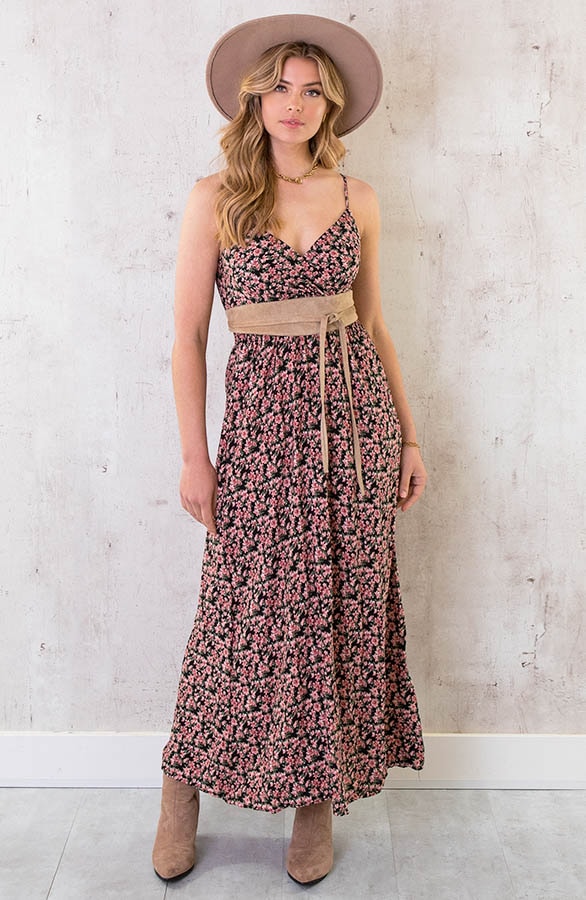 Spaghetti Maxi Jurk Flower Zwart Roze – shoparchief