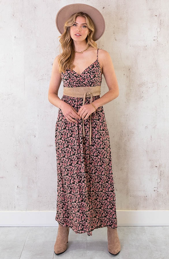 Spaghetti Maxi Jurk Flower Zwart Roze – shoparchief, foto 2