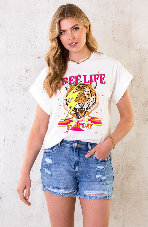 Tiger Bliksem Top Neon Roze Ecru – shoparchief