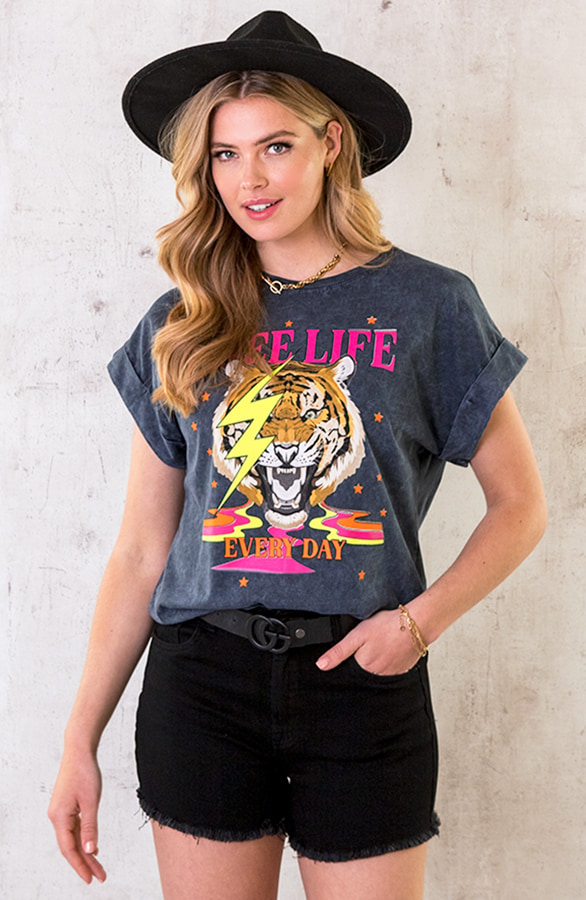 Tiger Bliksem Top Neon Roze Grijs – shoparchief