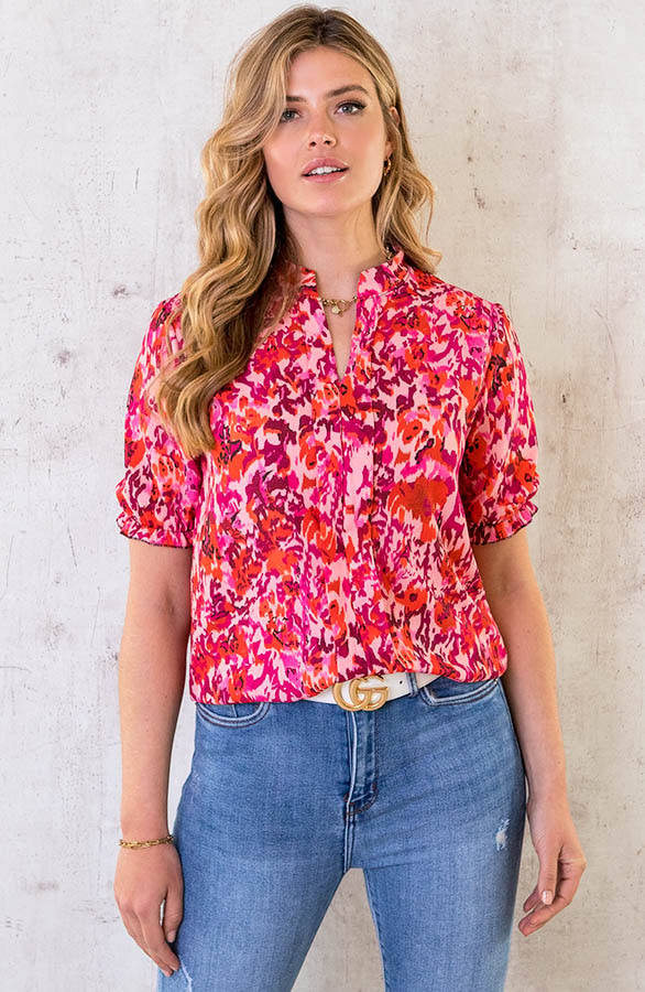 Blouse V-hals Print Roze Rood – shoparchief