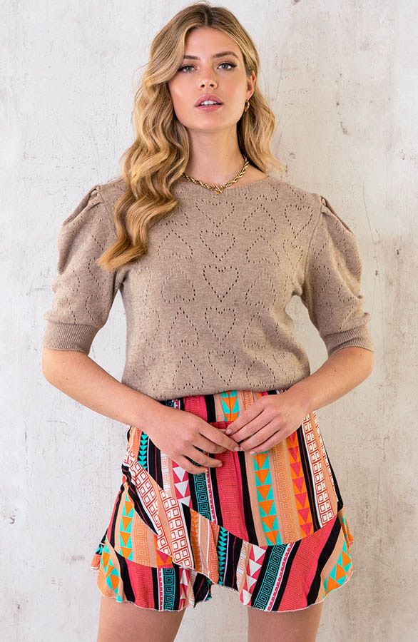 Hartjes Knitted Pofmouwen Top Taupe – shoparchief