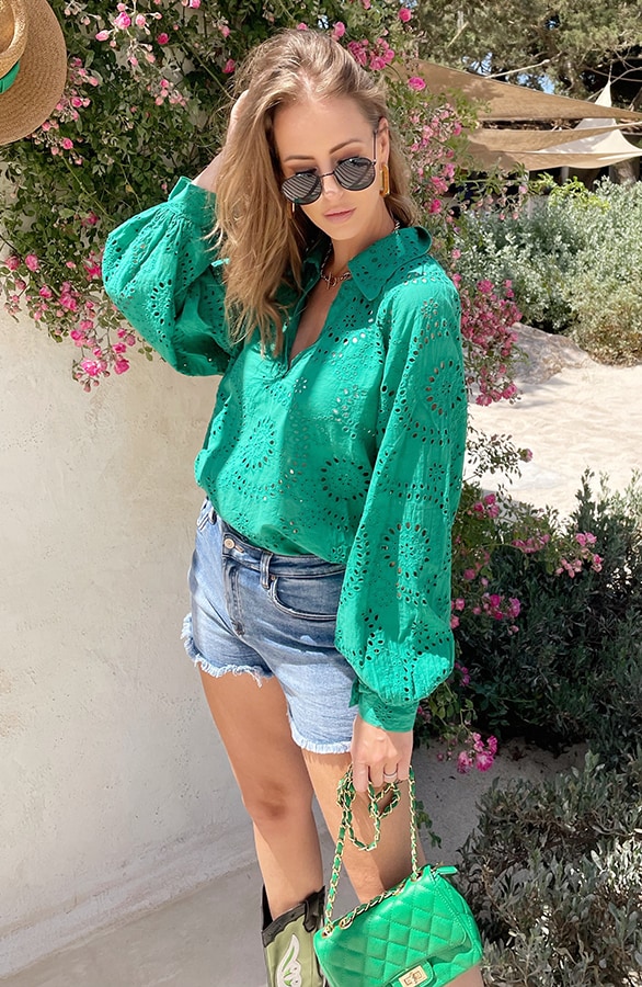 Katoenen Embroidery Oversized Blouse Bright Green – shoparchief, foto 3