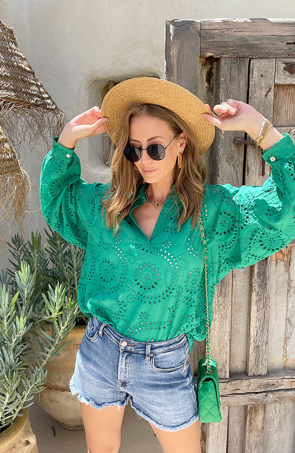 Katoenen Embroidery Oversized Blouse Bright Green – shoparchief, foto 2