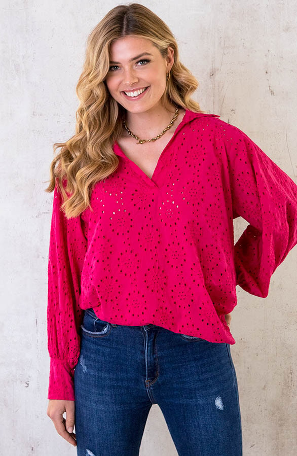 Katoenen Embroidery Oversized Blouse Fuchsia – shoparchief, foto 2