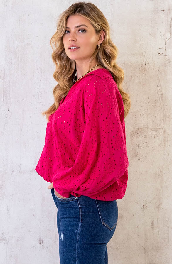 Katoenen Embroidery Oversized Blouse Fuchsia – shoparchief, foto 3