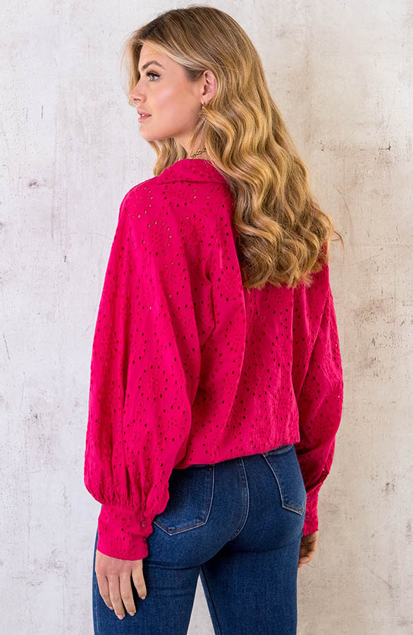 Katoenen Embroidery Oversized Blouse Fuchsia – shoparchief, foto 4