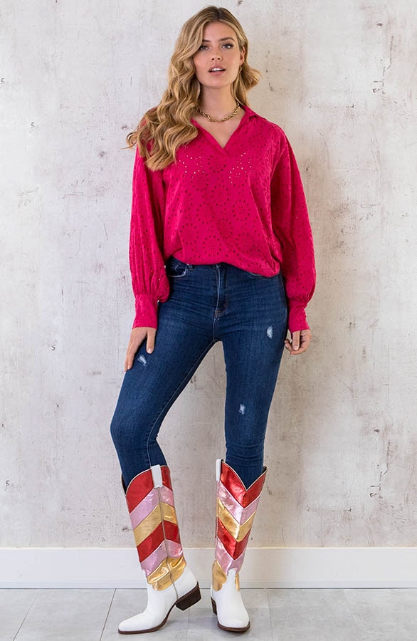 Katoenen Embroidery Oversized Blouse Fuchsia – shoparchief, foto 6