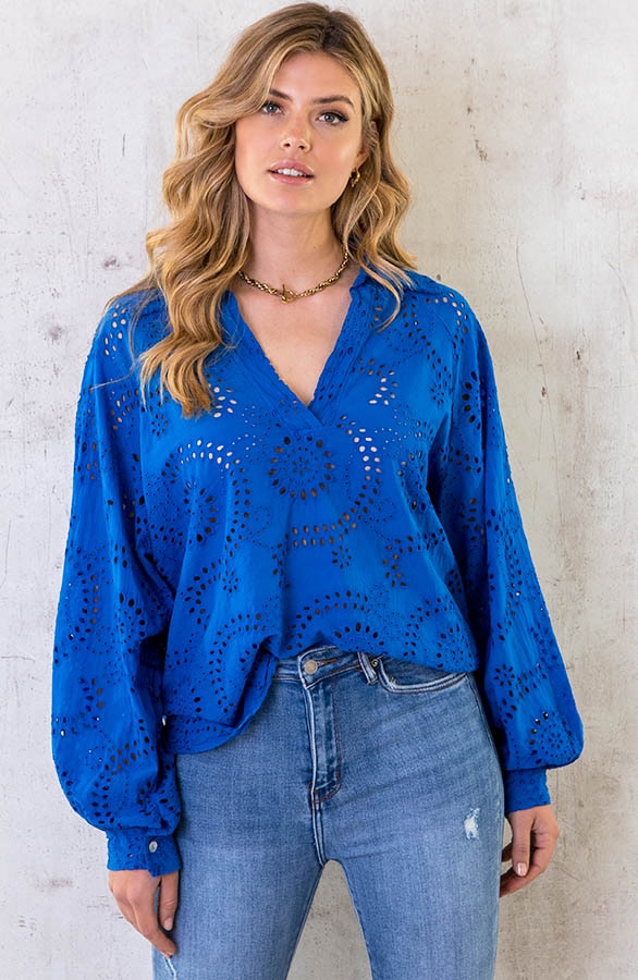 Katoenen Embroidery Oversized Blouse Kobalt – shoparchief