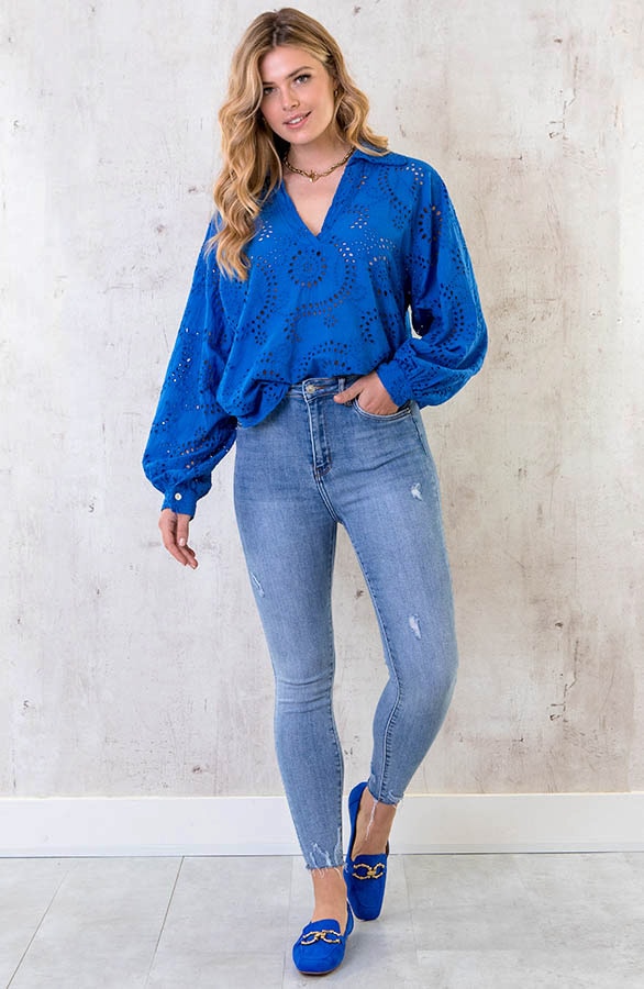 Katoenen Embroidery Oversized Blouse Kobalt – shoparchief, foto 6