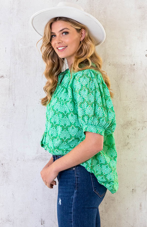 Katoenen Pofmouw Blouse Leaves Bright Green – shoparchief, foto 3