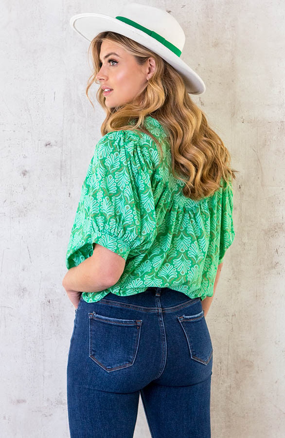 Katoenen Pofmouw Blouse Leaves Bright Green – shoparchief, foto 4