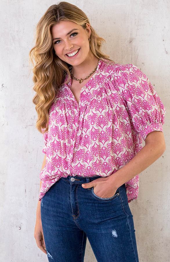 Katoenen Pofmouw Blouse Leaves Pink – shoparchief
