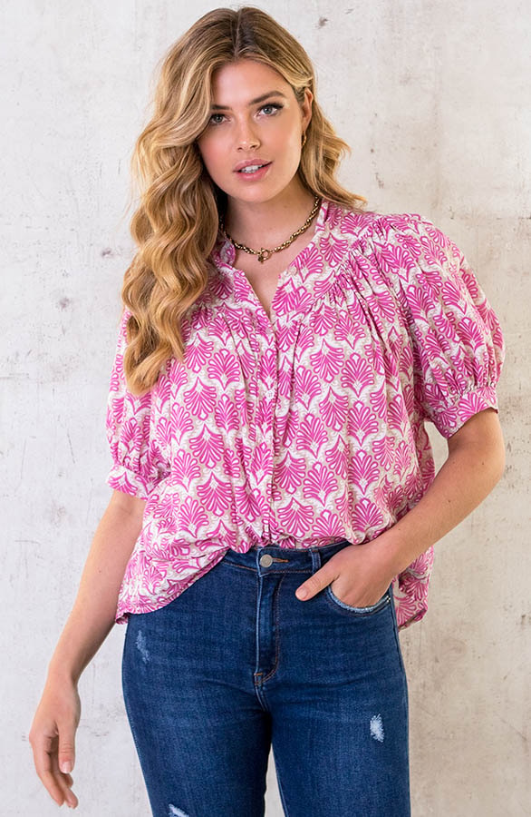 Katoenen Pofmouw Blouse Leaves Pink – shoparchief, foto 4