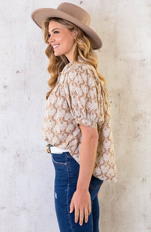 Katoenen Pofmouw Blouse Leaves Taupe – shoparchief, foto 3