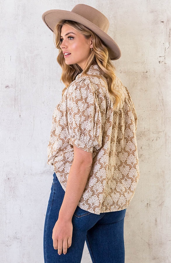 Katoenen Pofmouw Blouse Leaves Taupe – shoparchief, foto 4
