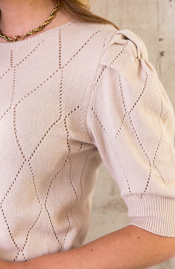 Knitted Pofmouwen Top Ruit Dark Beige – shoparchief, foto 5