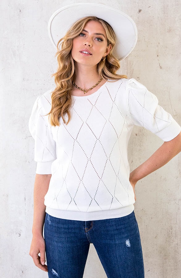Knitted Pofmouwen Top Ruit Ecru – shoparchief