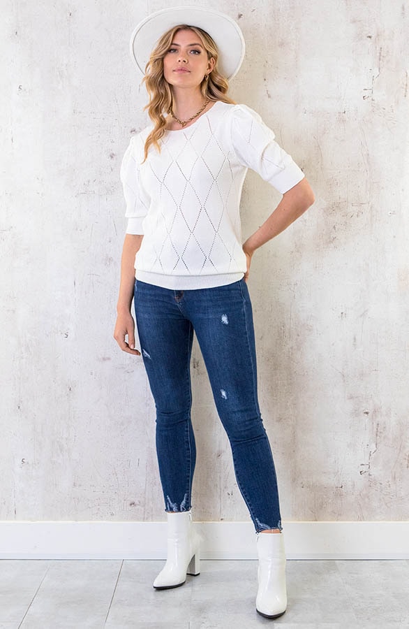 Knitted Pofmouwen Top Ruit Ecru – shoparchief, foto 6