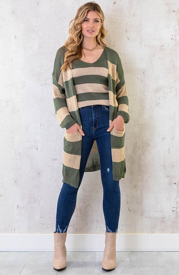 Lurex Cardigan Gestreept Goud Army – shoparchief
