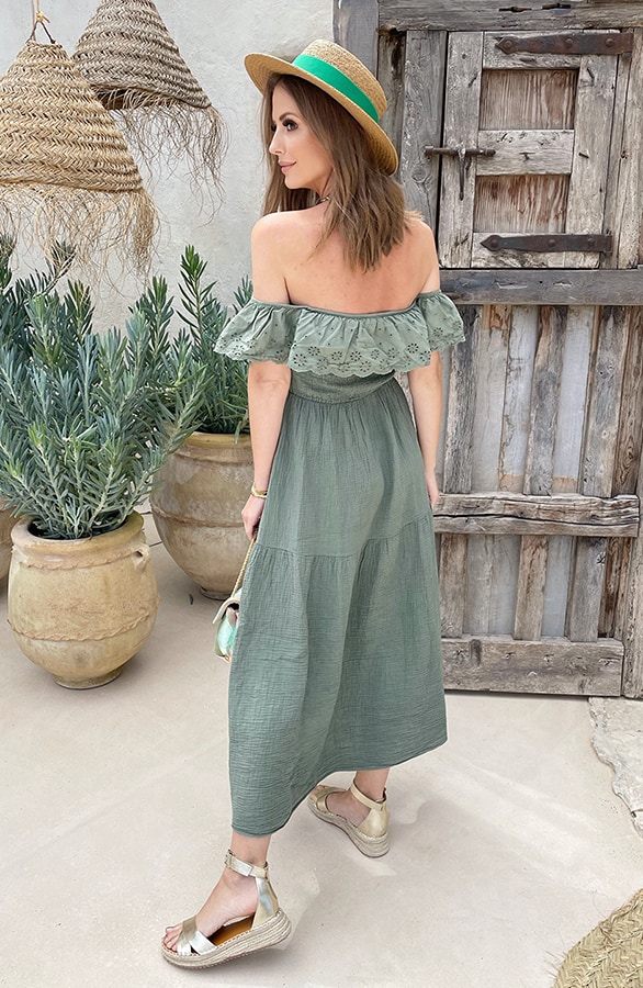 Off Shoulder Embroidery Split Jurk Army – shoparchief, foto 3