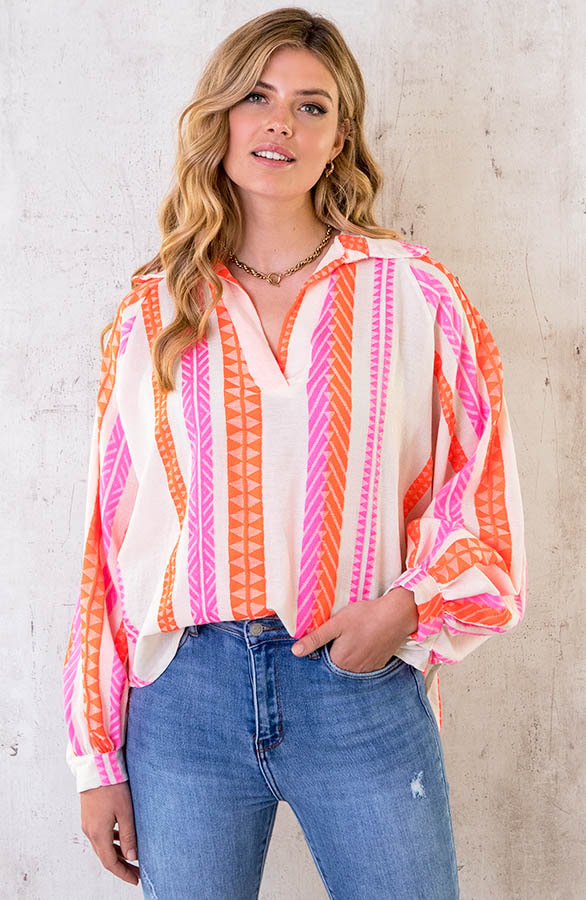 Oversized Kelim Blouse Fuchsia Oranje – shoparchief