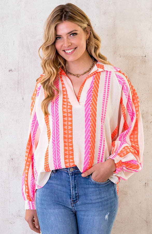 Oversized Kelim Blouse Fuchsia Oranje – shoparchief, foto 2