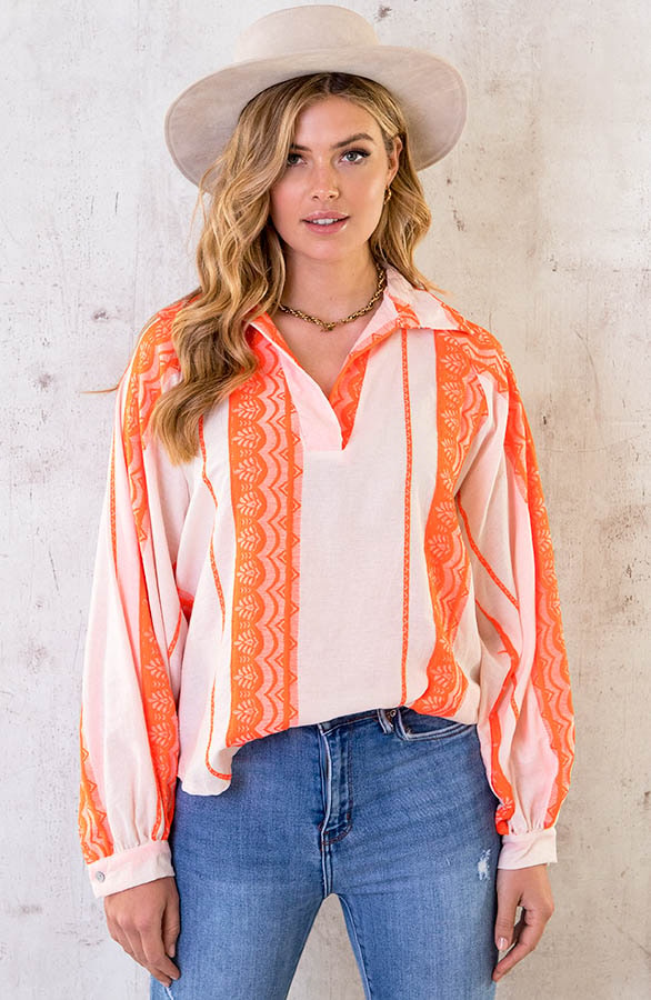 Oversized Kelim Blouse Neon Oranje – shoparchief