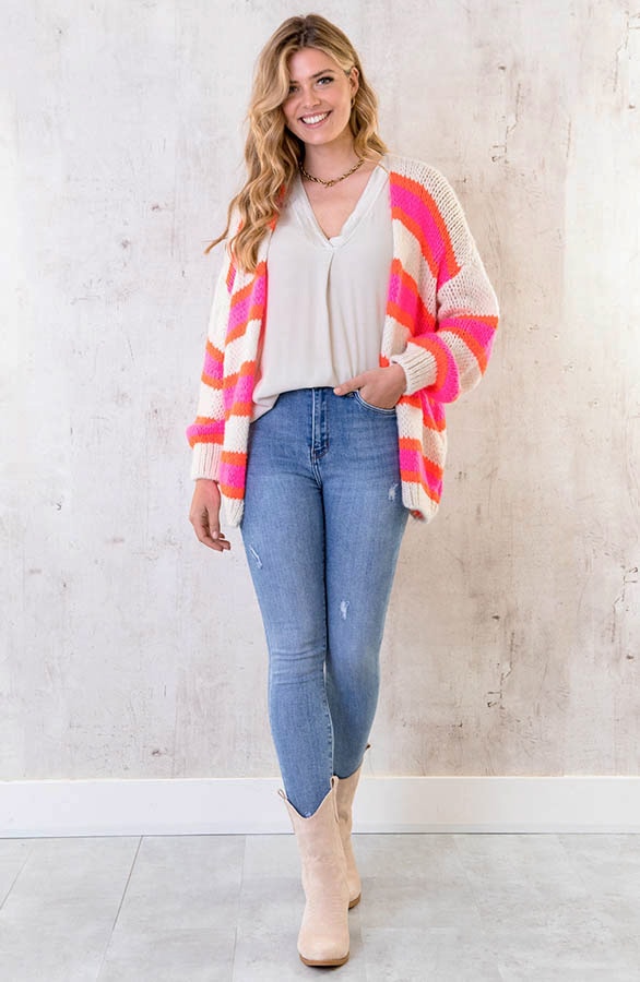 Oversized Knitted Strepen Vest Neon Roze Oranje – shoparchief, foto 8