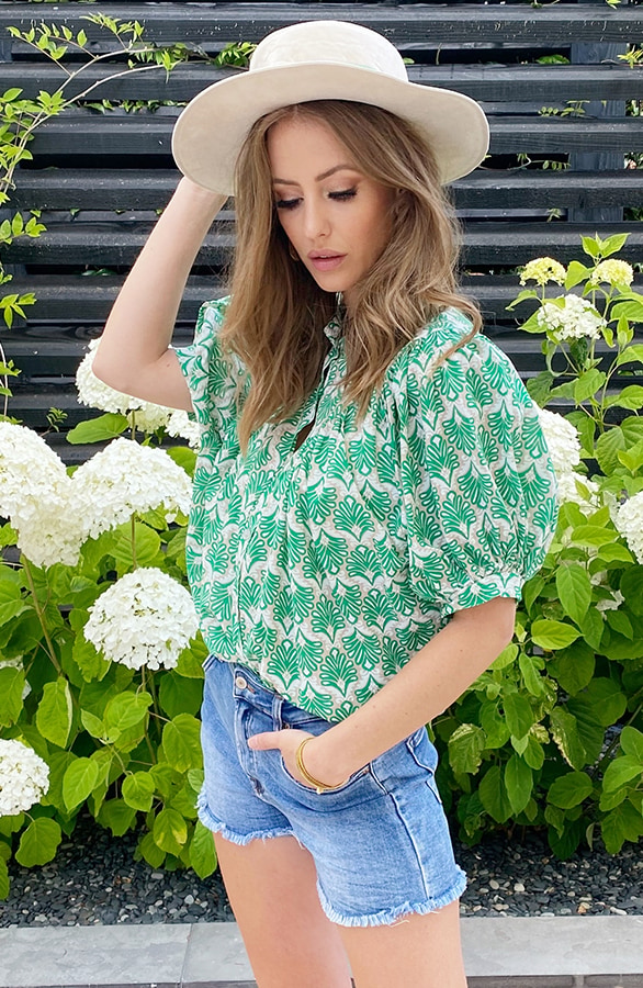 Katoenen Pofmouw Blouse Leaves Beige Groen – shoparchief, foto 7