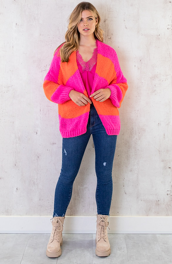 Oversized Knitted Strepen Vest Fluor Roze Oranje – shoparchief, foto 7