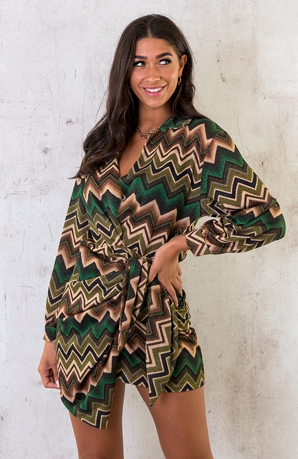 Aztec Overslag Strik Jurk Smaragd – shoparchief