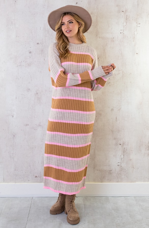 Gebreide Strepen Jurk Beige Roze – shoparchief, foto 8