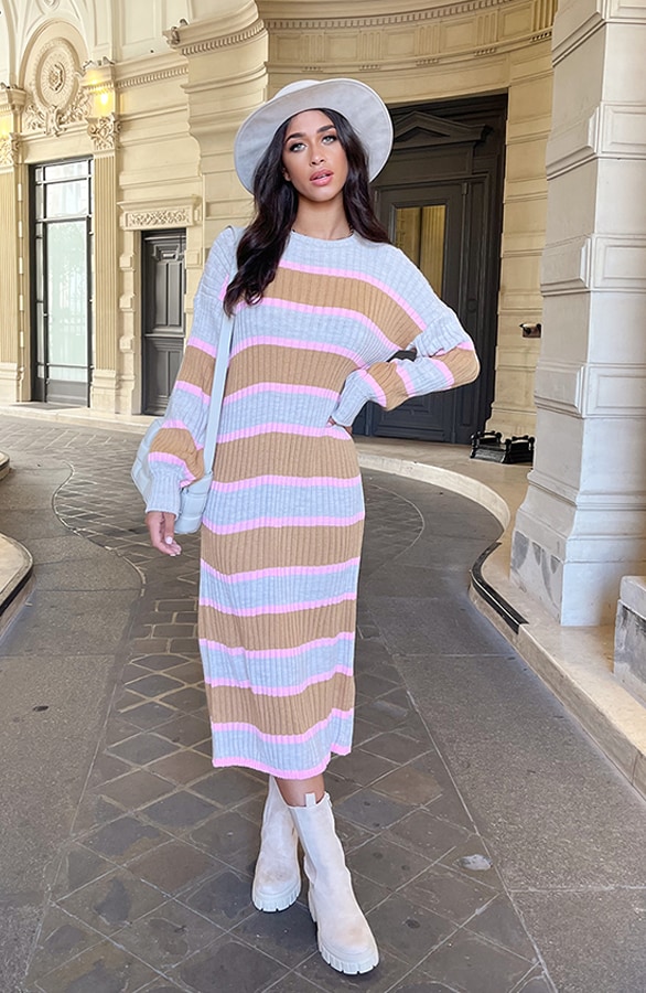 Gebreide Strepen Jurk Beige Roze – shoparchief, foto 3