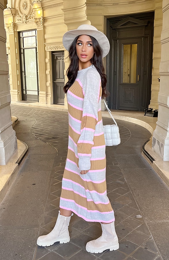 Gebreide Strepen Jurk Beige Roze – shoparchief, foto 4