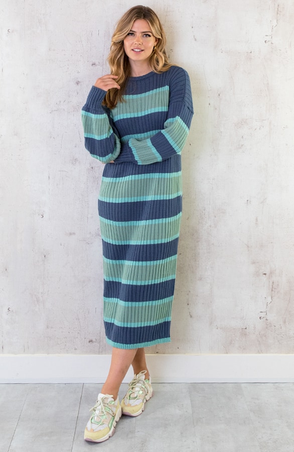 Gebreide Strepen Jurk Blauw – shoparchief