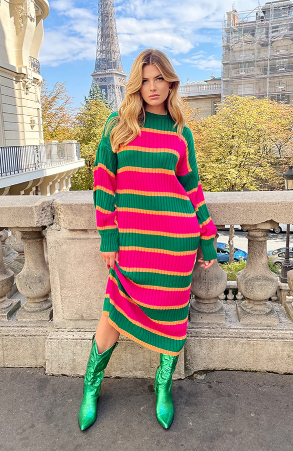 Gebreide Strepen Jurk Roze Groen – shoparchief