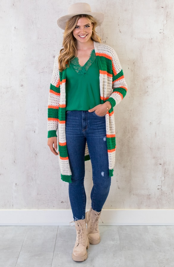 Gehaakt Midi Strepen Vest Groen Oranje – shoparchief, foto 4
