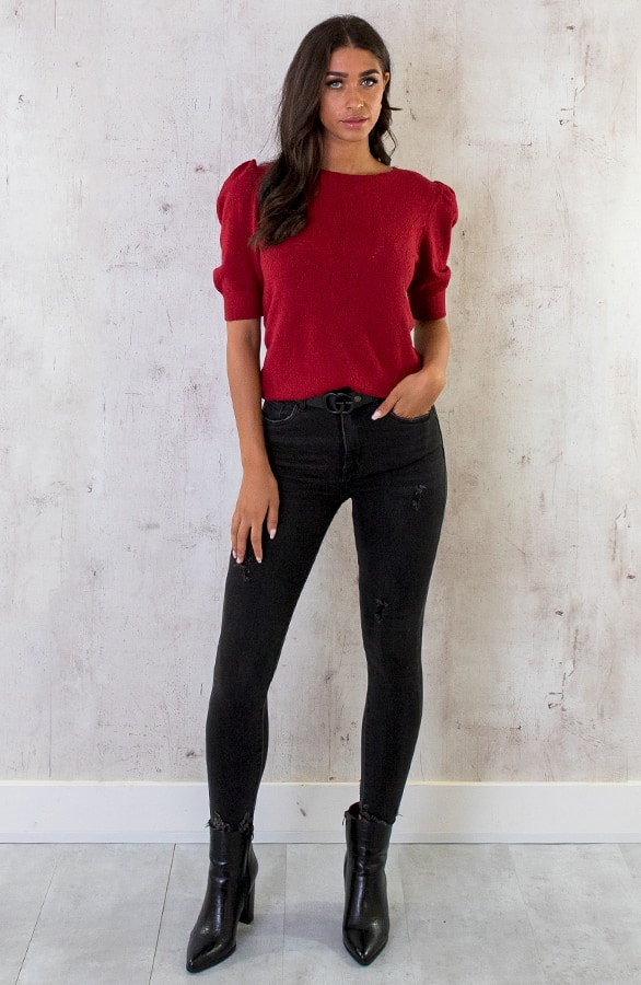 Hartjes Knitted Pofmouwen Top Bordeaux – shoparchief, foto 5